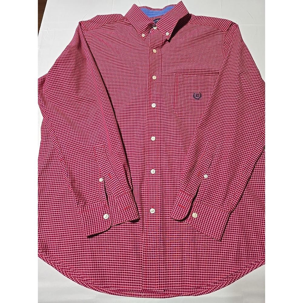 Chaps Mens M Red Blue Plaid Cotton Classic Fit Button Up Shirt